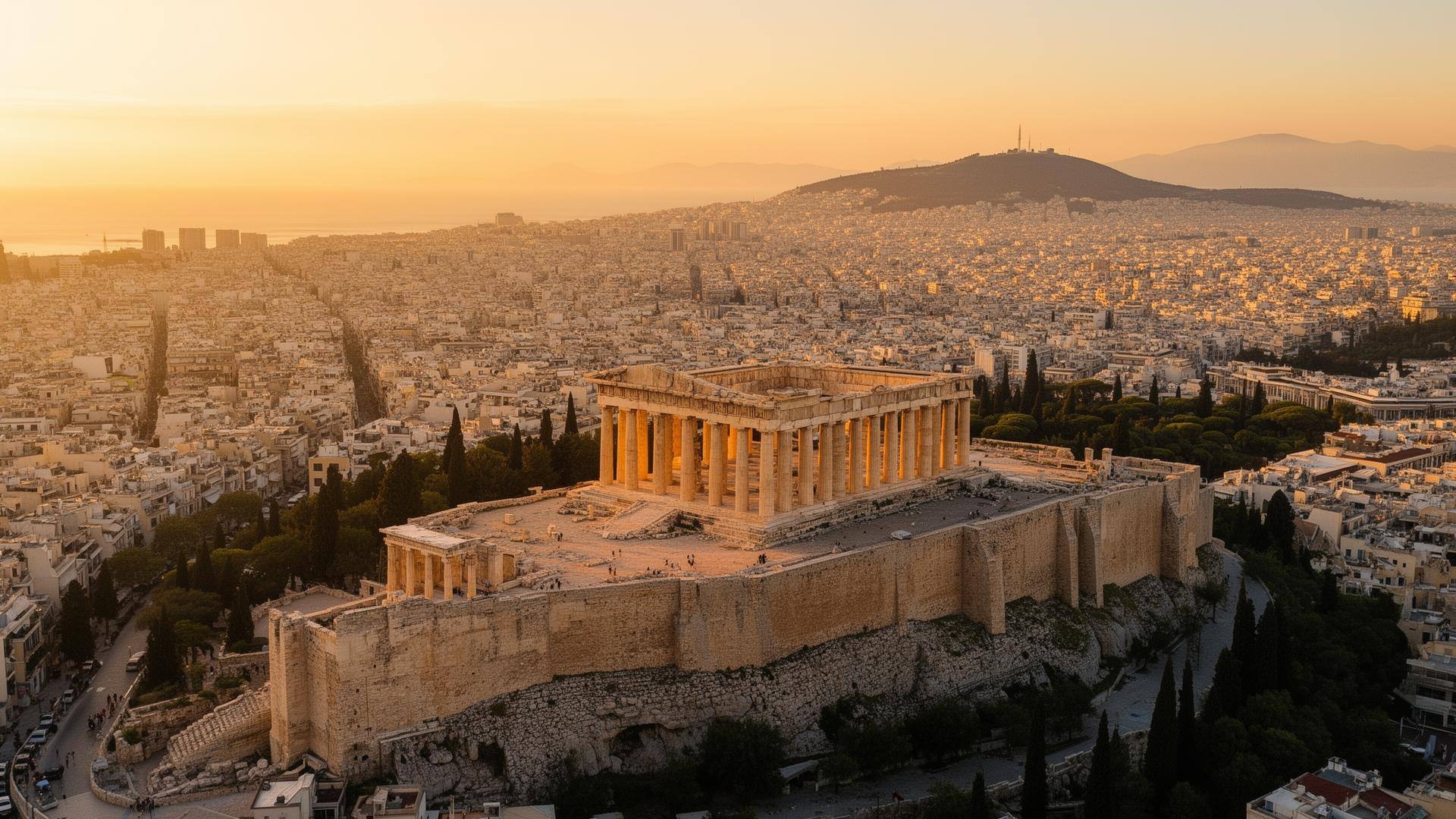 Aerial view of the Acropolis of Athens at golden hour